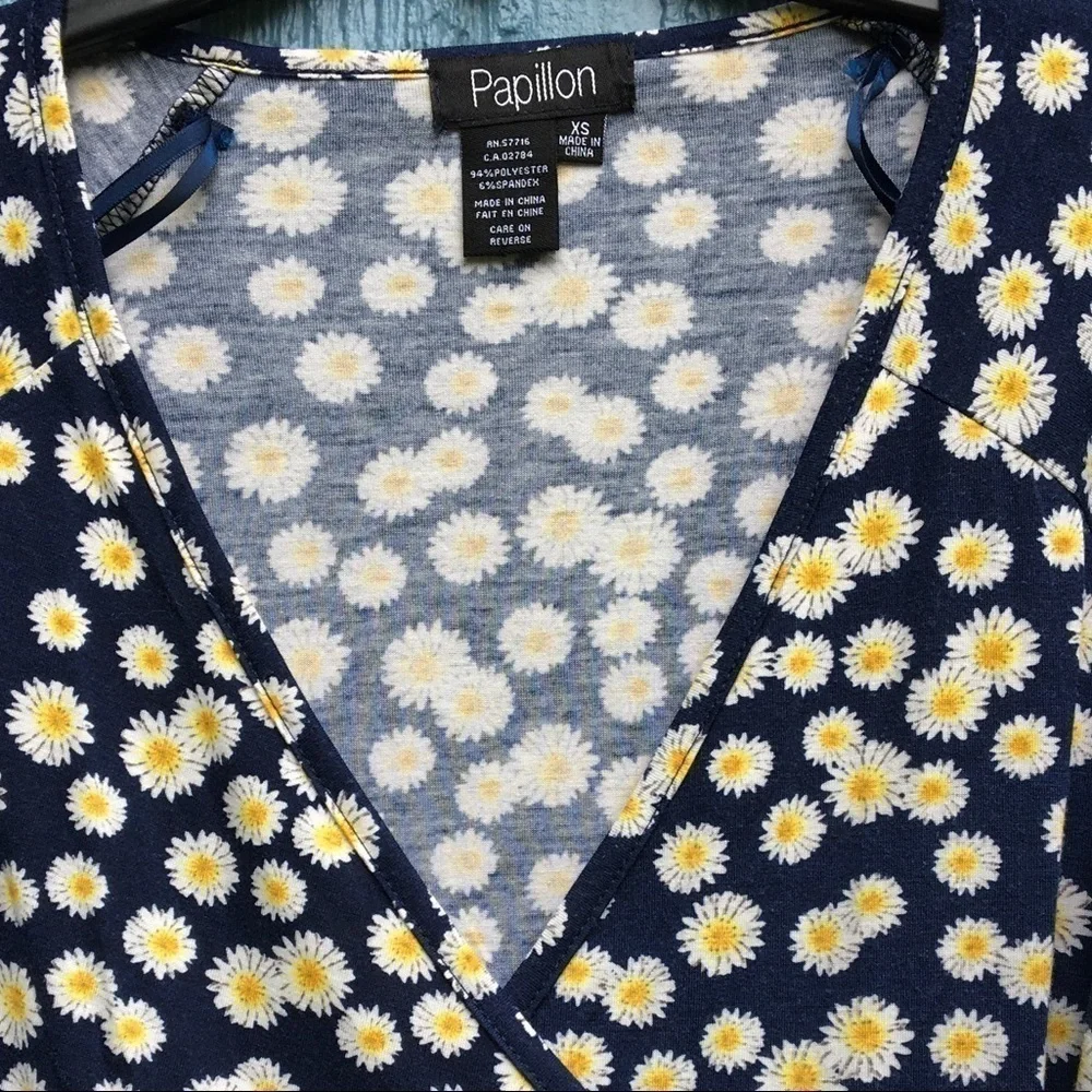 Papillon Floral Daisy Faux Wrap Dress Blue Flowers